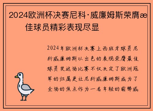 2024欧洲杯决赛尼科·威廉姆斯荣膺最佳球员精彩表现尽显